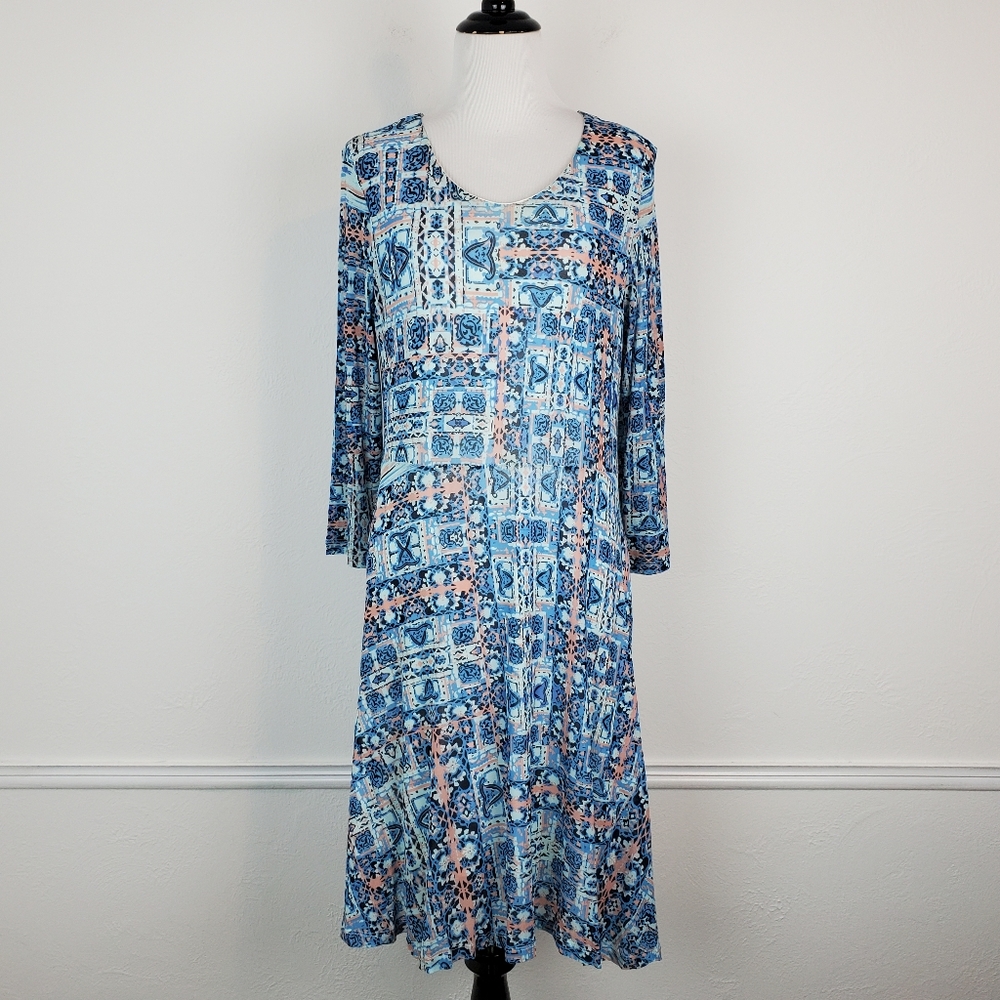 Sahalie Dress Active Outdoors Stretch Floral Medallion Tile Patterned Blue